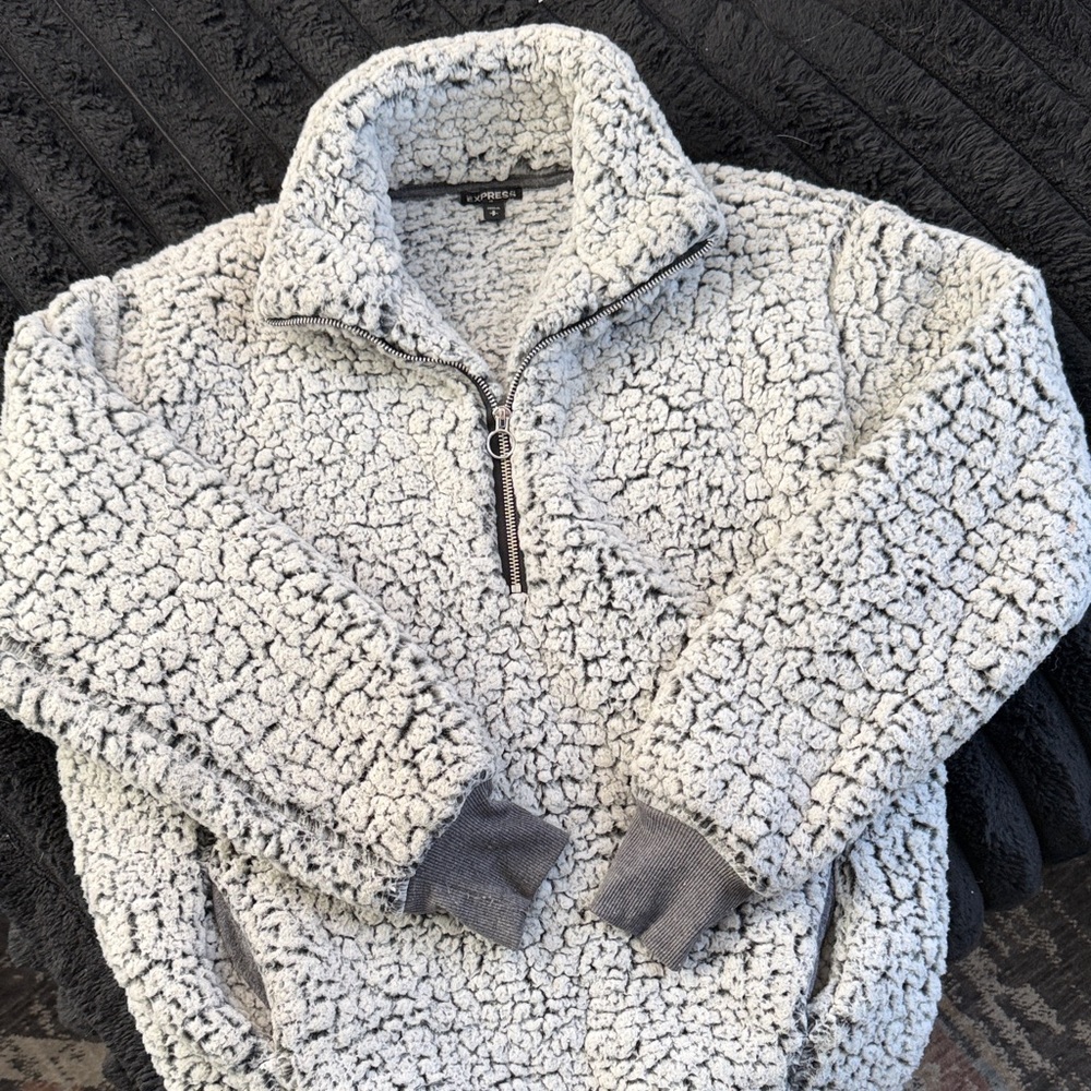 Express Gray Zip-Up Sherpa Jacket